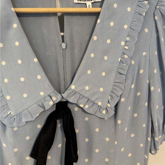 Reformation Powder Blue Polka Dot Midi Dress with Black Velvet Tie - Picture 2 of 4